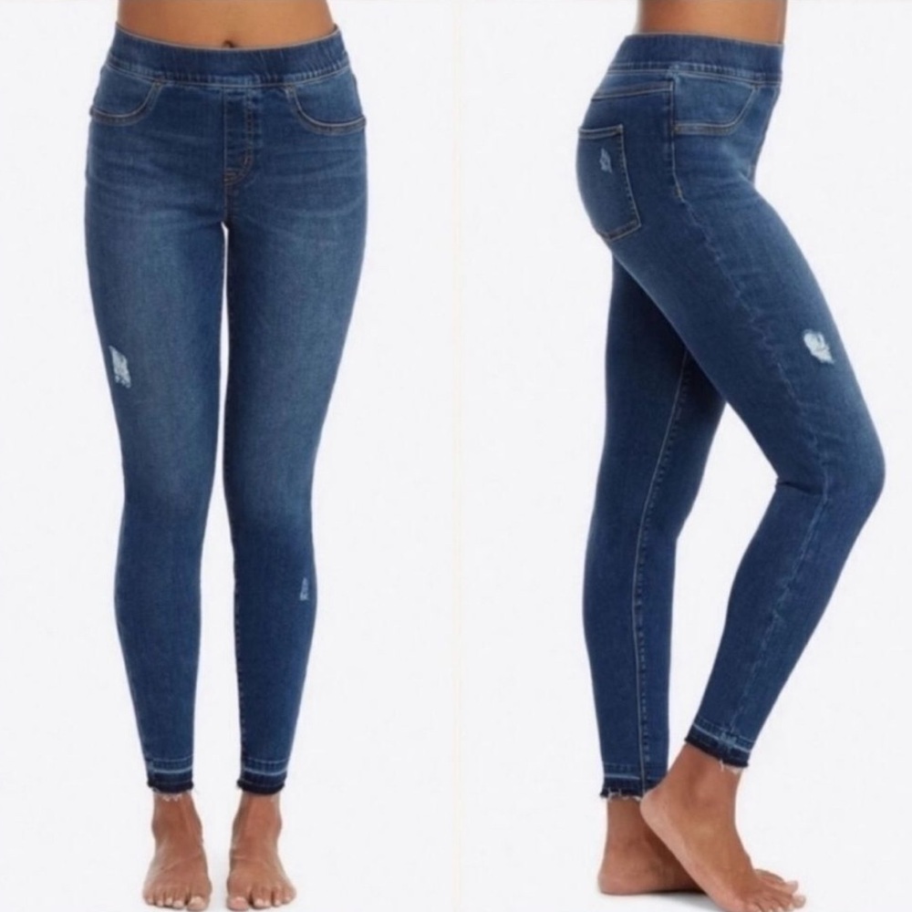 Spanx Denim Jean Leggings Pull On Distressed Hem Skinny Control Top Size Small